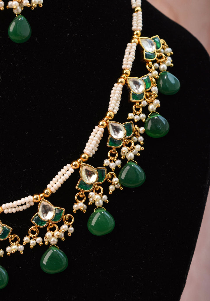 Lightweight Jadau Necklace Set with eleven dangling Green and white  kemp units and matching earrings I Shobitam Jewelry