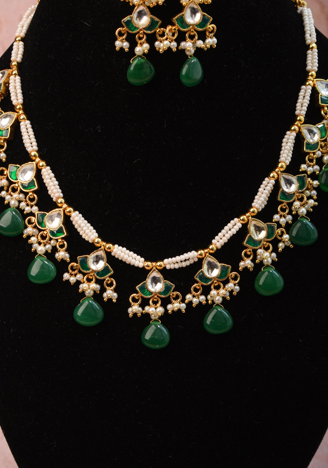 Lightweight Jadau Necklace Set with eleven dangling Green and white  kemp units and matching earrings I Shobitam Jewelry