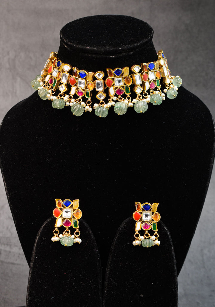 Navratna design Stone Choker Set with Green dangling sage Beads | Shobitam Jewellery