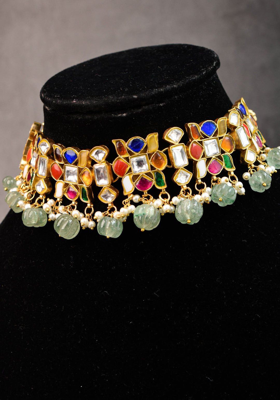 Navratna design Stone Choker Set with Green dangling sage Beads | Shobitam Jewellery