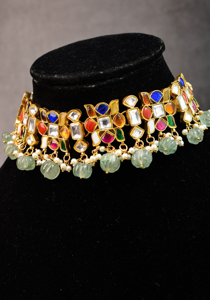 Navratna design Stone Choker Set with Green dangling sage Beads | Shobitam Jewellery