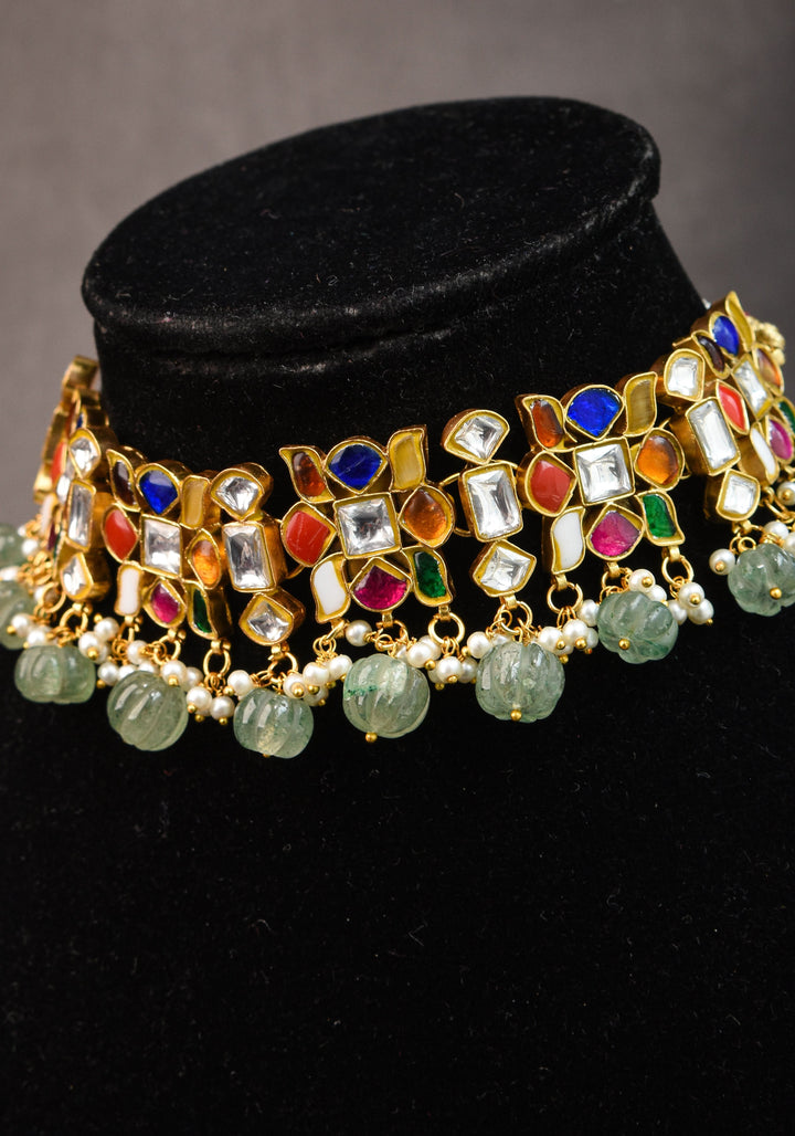 Navratna design Stone Choker Set with Green dangling sage Beads | Shobitam Jewellery