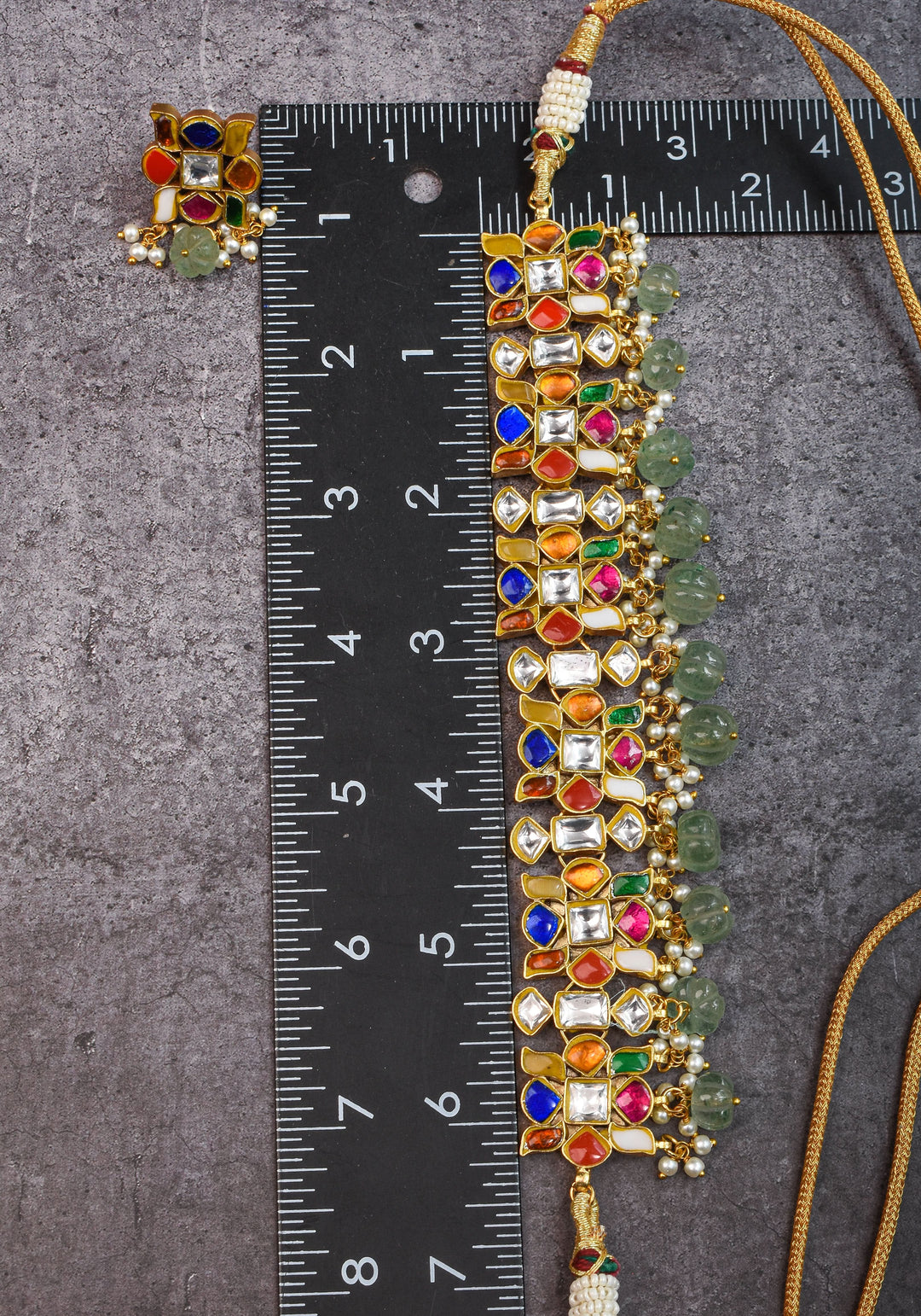 Navratna design Stone Choker Set with Green dangling sage Beads | Shobitam Jewellery