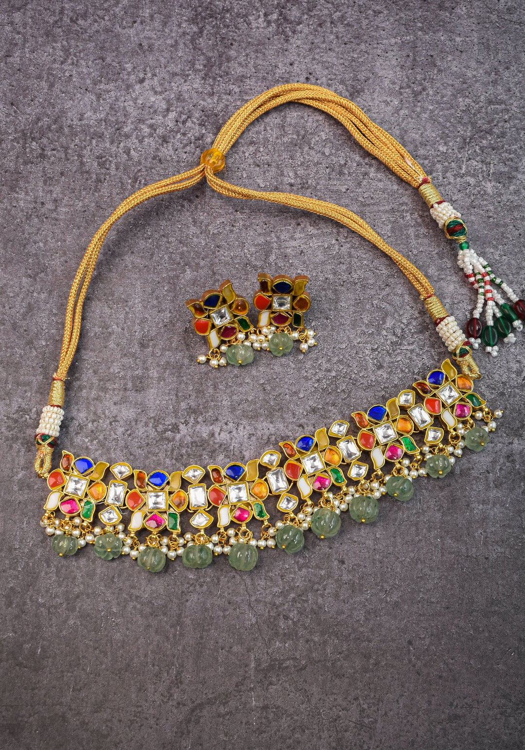 Navratna design Stone Choker Set with Green dangling sage Beads | Shobitam Jewellery