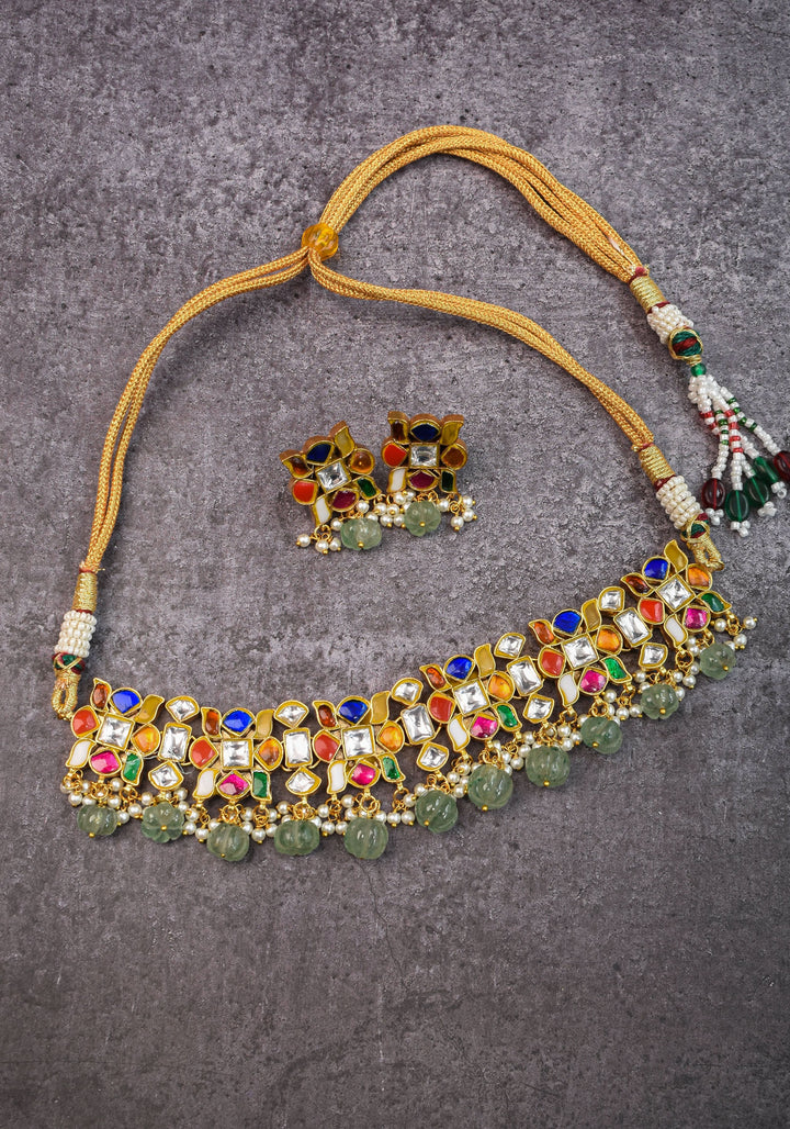 Navratna design Stone Choker Set with Green dangling sage Beads | Shobitam Jewellery