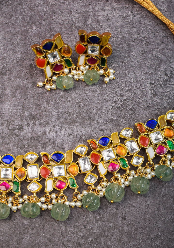 Navratna design Stone Choker Set with Green dangling sage Beads | Shobitam Jewellery