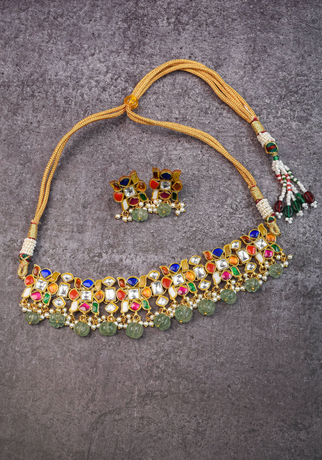 Navratna design Stone Choker Set with Green dangling sage Beads | Shobitam Jewellery