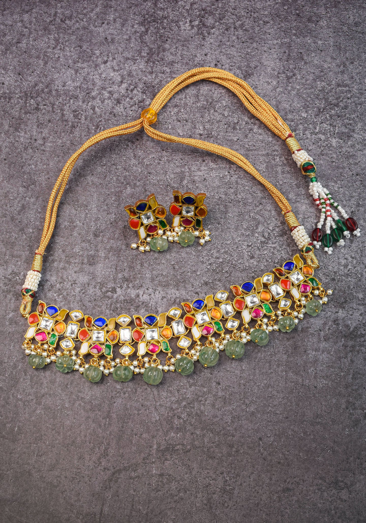 Navratna design Stone Choker Set with Green dangling sage Beads | Shobitam Jewellery