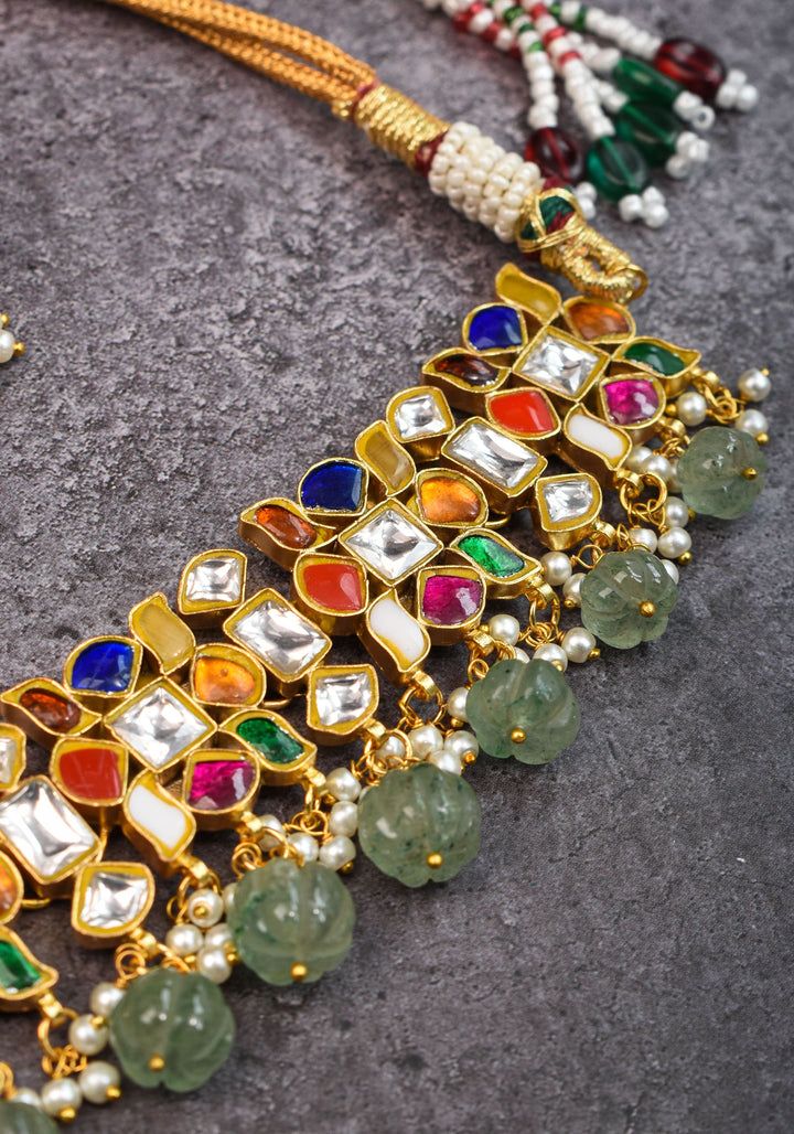 Navratna design Stone Choker Set with Green dangling sage Beads | Shobitam Jewellery