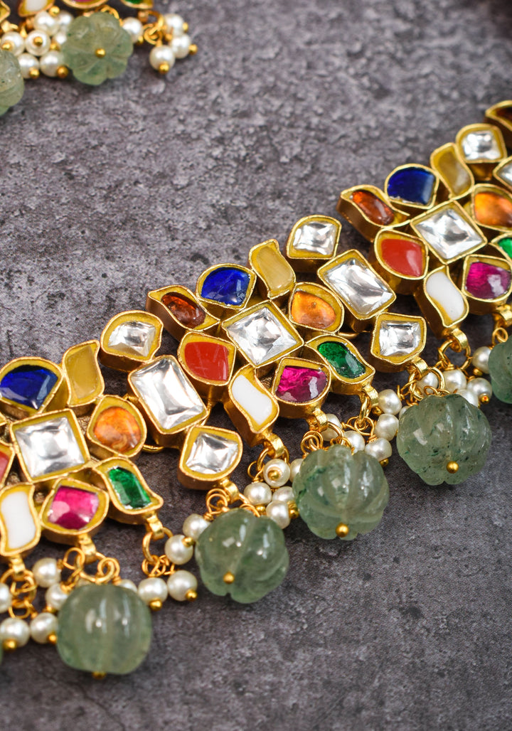 Navratna design Stone Choker Set with Green dangling sage Beads | Shobitam Jewellery
