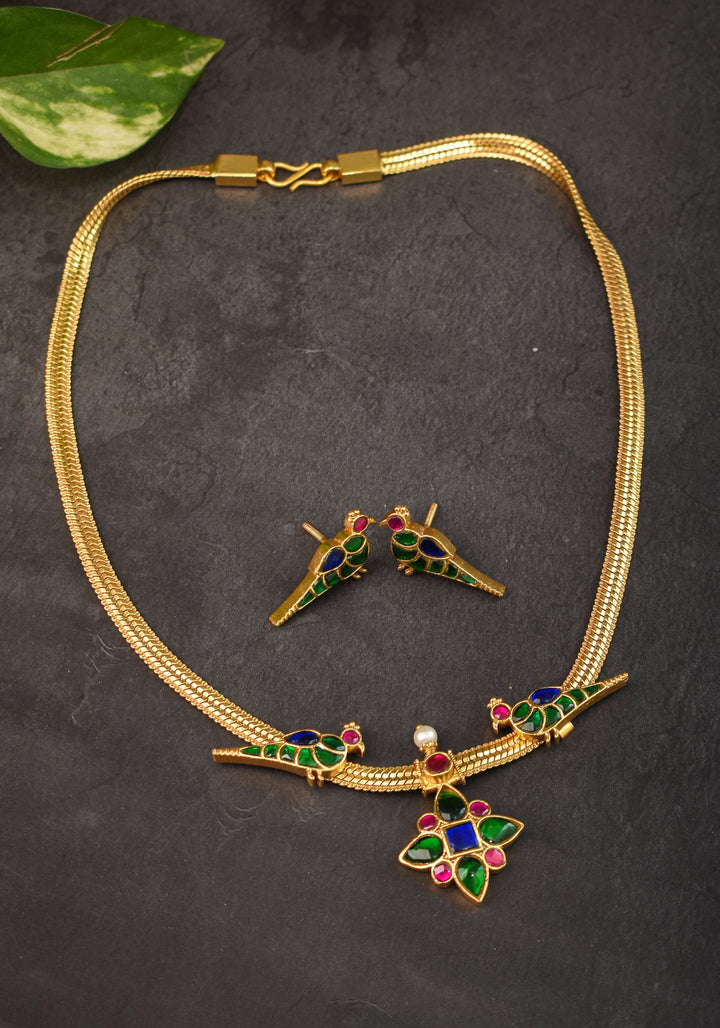 Multicolor stone Twin Peacock and Floral Minimalistic Ethnic Necklace and Earrings | Shobitam  Jewelry