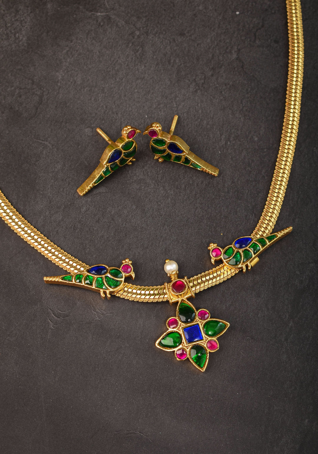 Multicolor stone Twin Peacock and Floral Minimalistic Ethnic Necklace and Earrings | Shobitam  Jewelry