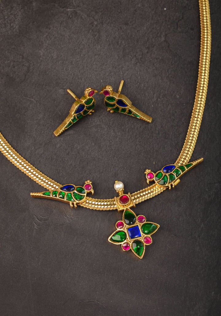 Multicolor stone Twin Peacock and Floral Minimalistic Ethnic Necklace and Earrings | Shobitam  Jewelry