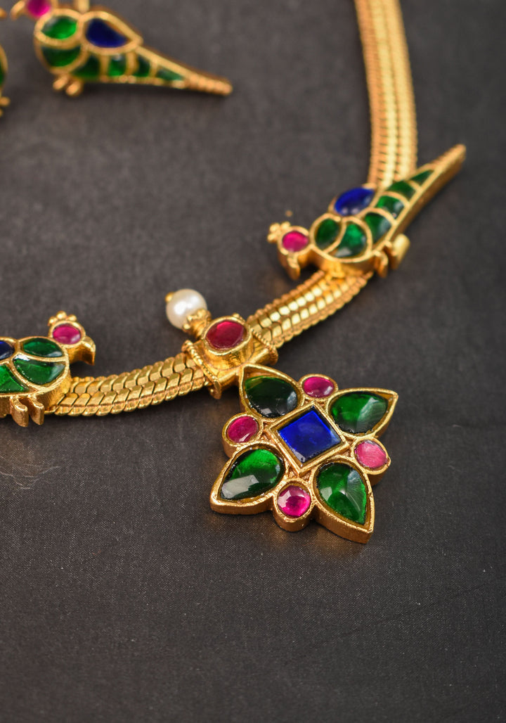 Multicolor stone Twin Peacock and Floral Minimalistic Ethnic Necklace and Earrings | Shobitam  Jewelry