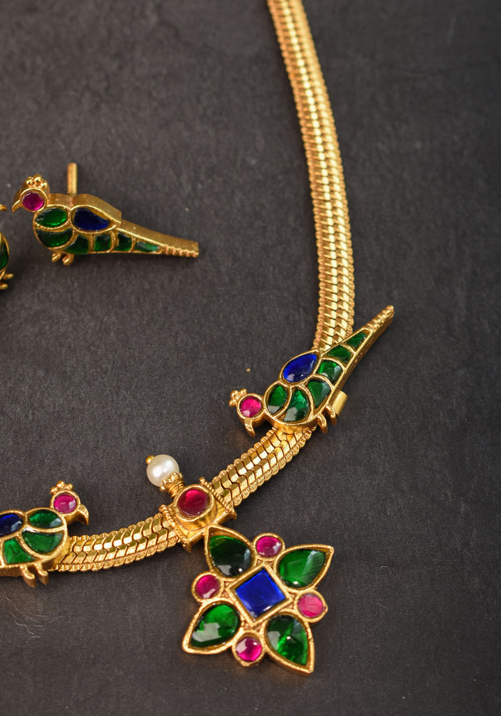 Multicolor stone Twin Peacock and Floral Minimalistic Ethnic Necklace and Earrings | Shobitam  Jewelry