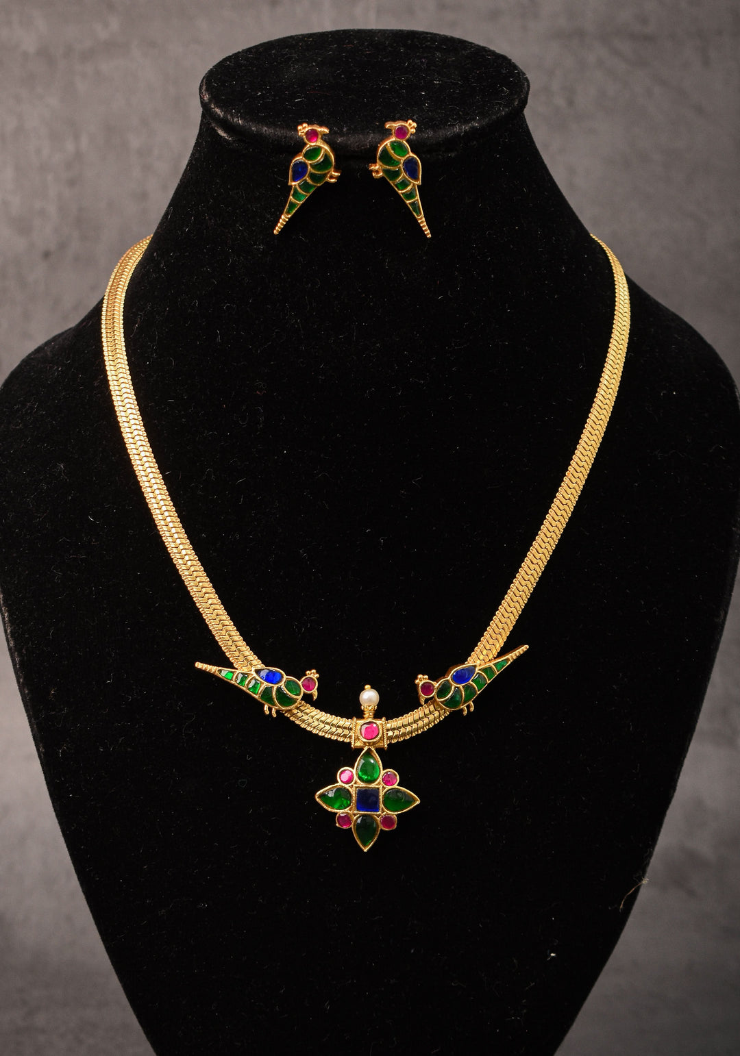 Multicolor stone Twin Peacock and Floral Minimalistic Ethnic Necklace and Earrings | Shobitam  Jewelry