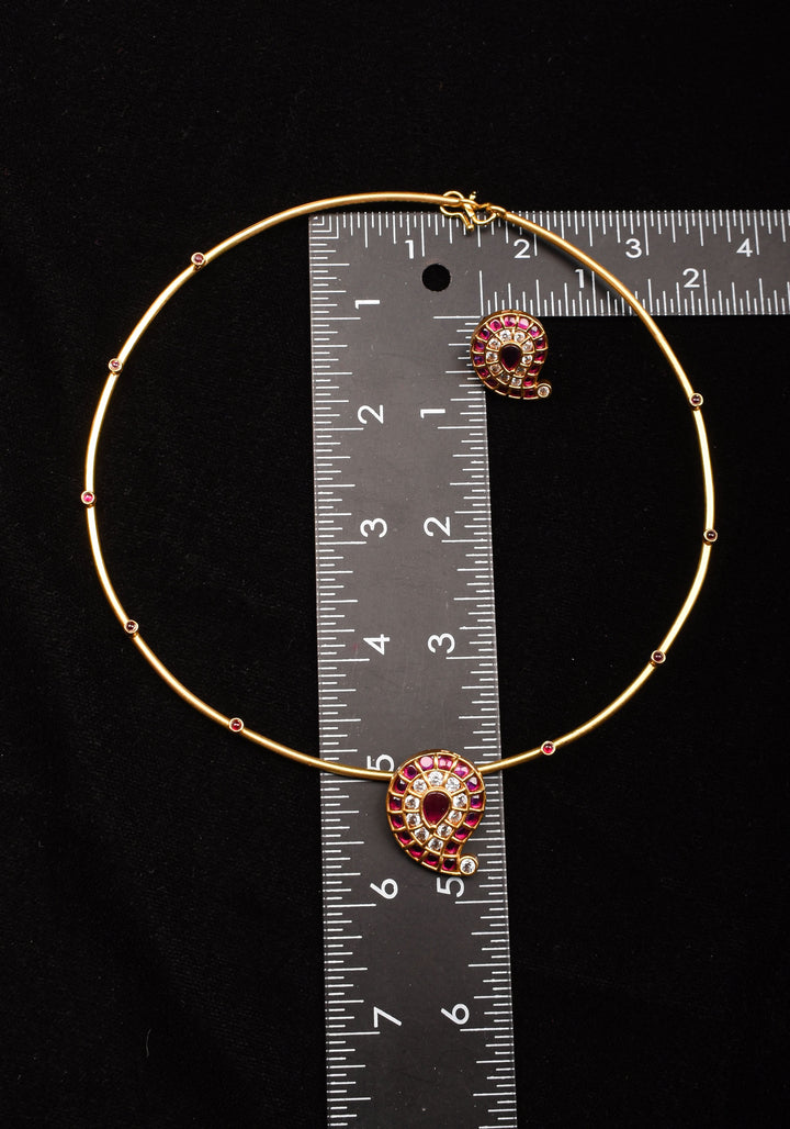 Pink Mango Jadau Pendant on Pink stone Wire base Necklace set with pearls dangling beads | Shobitam Jewelry