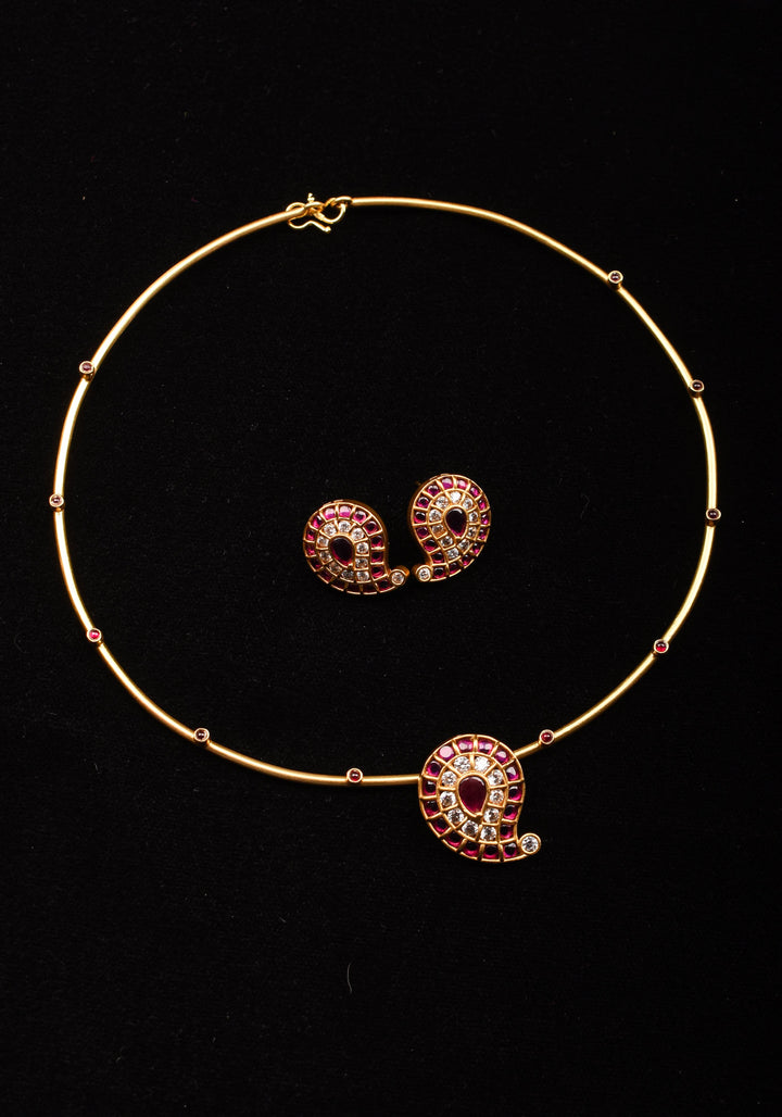 Pink Mango Jadau Pendant on Pink stone Wire base Necklace set with pearls dangling beads | Shobitam Jewelry
