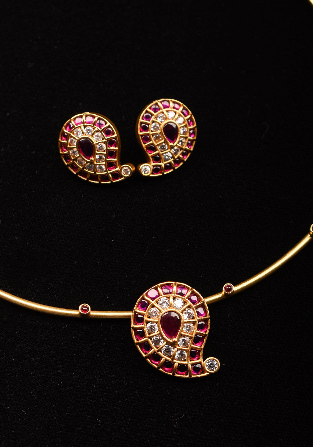 Pink Mango Jadau Pendant on Pink stone Wire base Necklace set with pearls dangling beads | Shobitam Jewelry