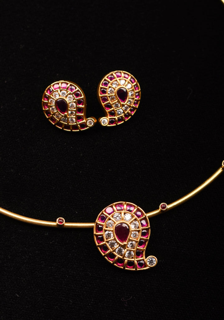 Pink Mango Jadau Pendant on Pink stone Wire base Necklace set with pearls dangling beads | Shobitam Jewelry