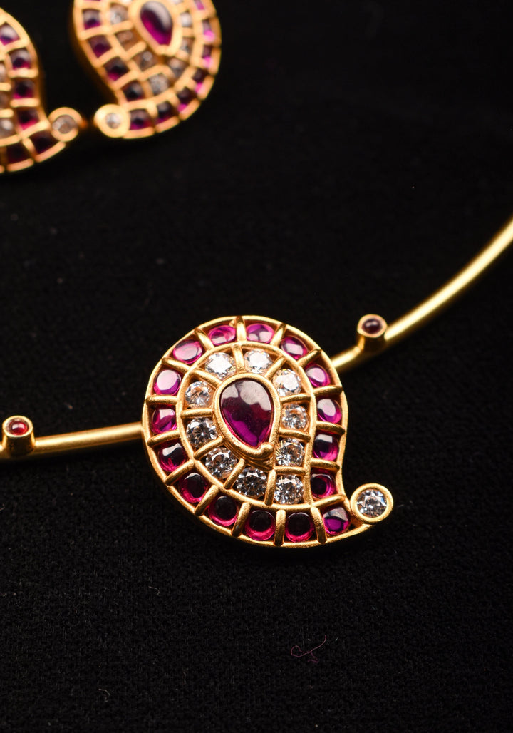 Pink Mango Jadau Pendant on Pink stone Wire base Necklace set with pearls dangling beads | Shobitam Jewelry