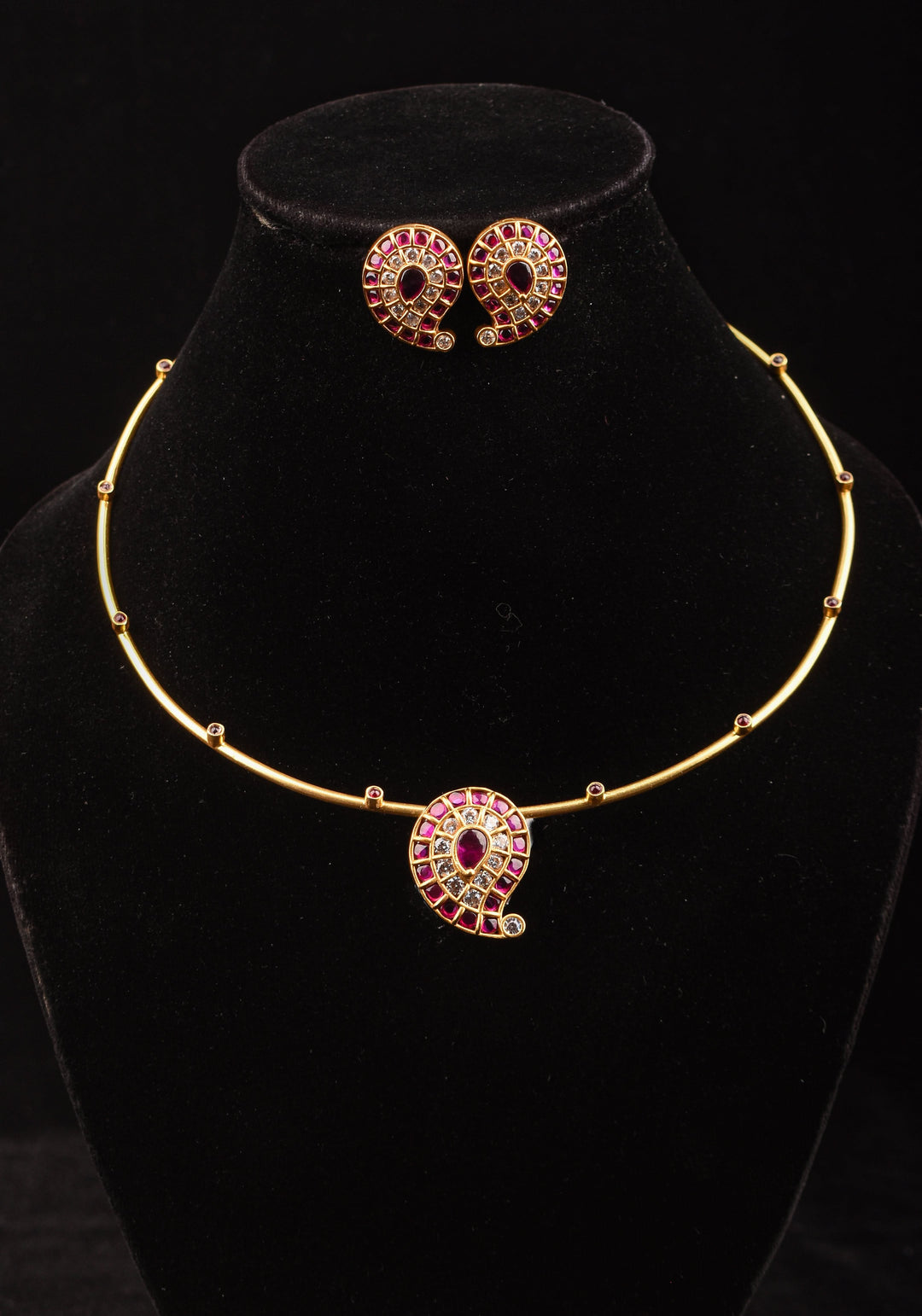 Pink Mango Jadau Pendant on Pink stone Wire base Necklace set with pearls dangling beads | Shobitam Jewelry