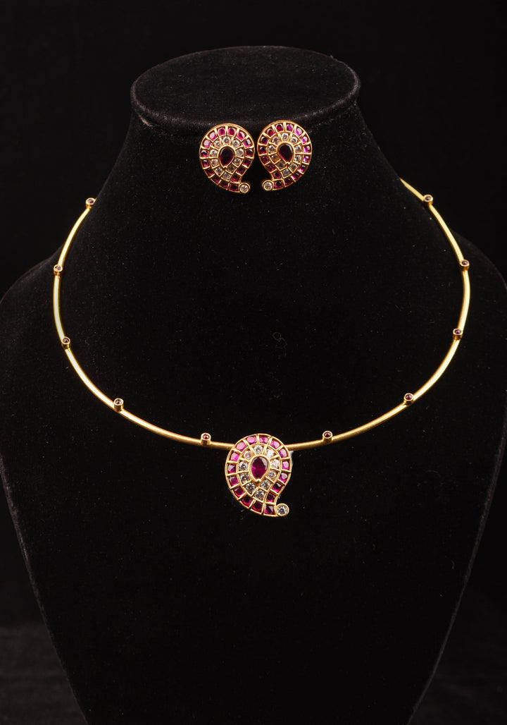 Pink Mango Jadau Pendant on Pink stone Wire base Necklace set with pearls dangling beads | Shobitam Jewelry
