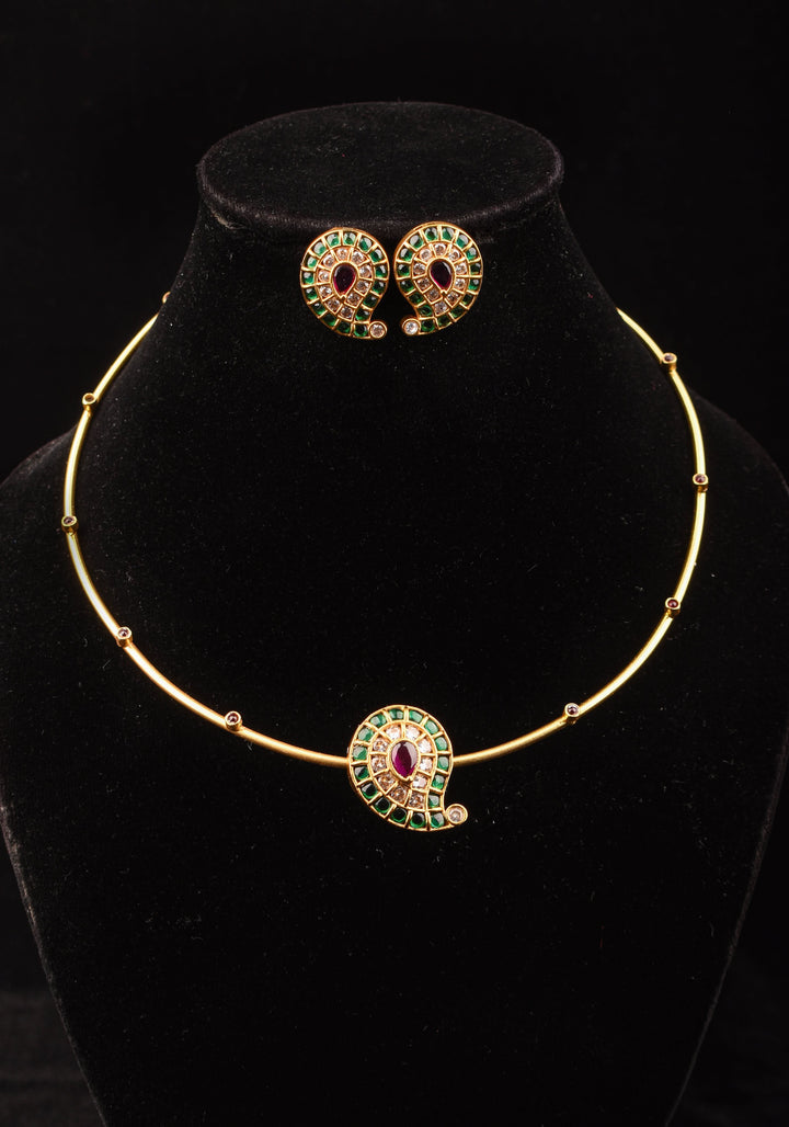 Green Mango Jadau Pendant on Pink stone Wire base Necklace set with pearls dangling beads | Shobitam Jewelry