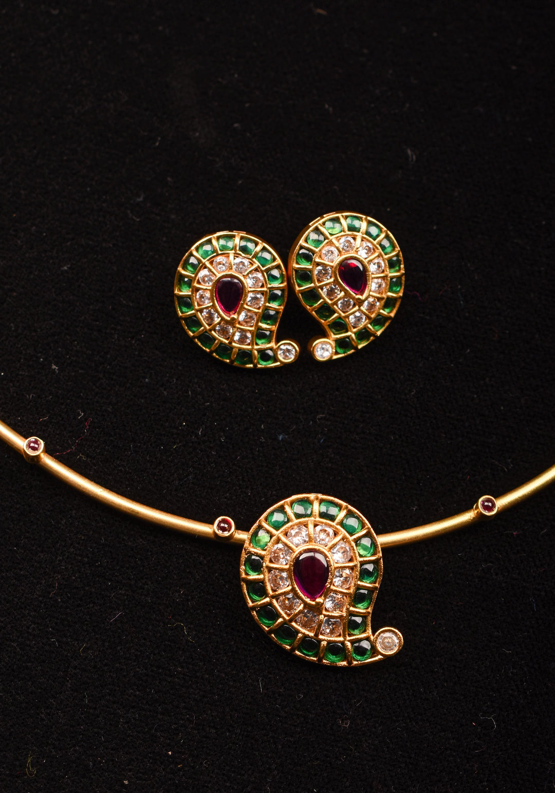 Green Mango Jadau Pendant on Pink stone Wire base Necklace set with pearls dangling beads | Shobitam Jewelry