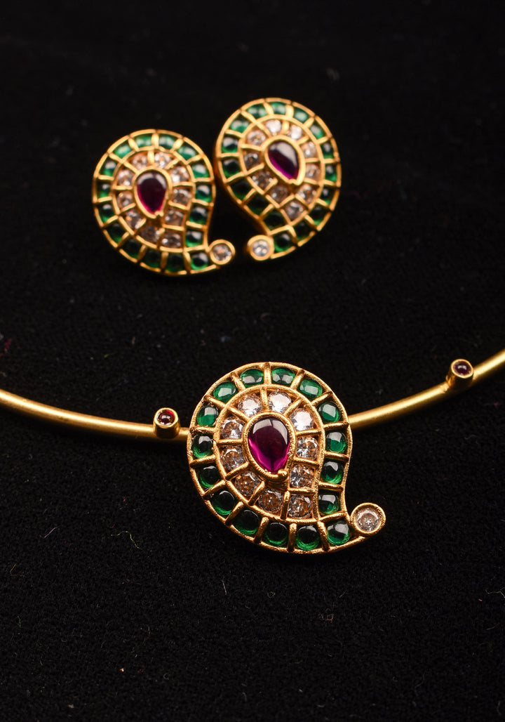 Green Mango Jadau Pendant on Pink stone Wire base Necklace set with pearls dangling beads | Shobitam Jewelry