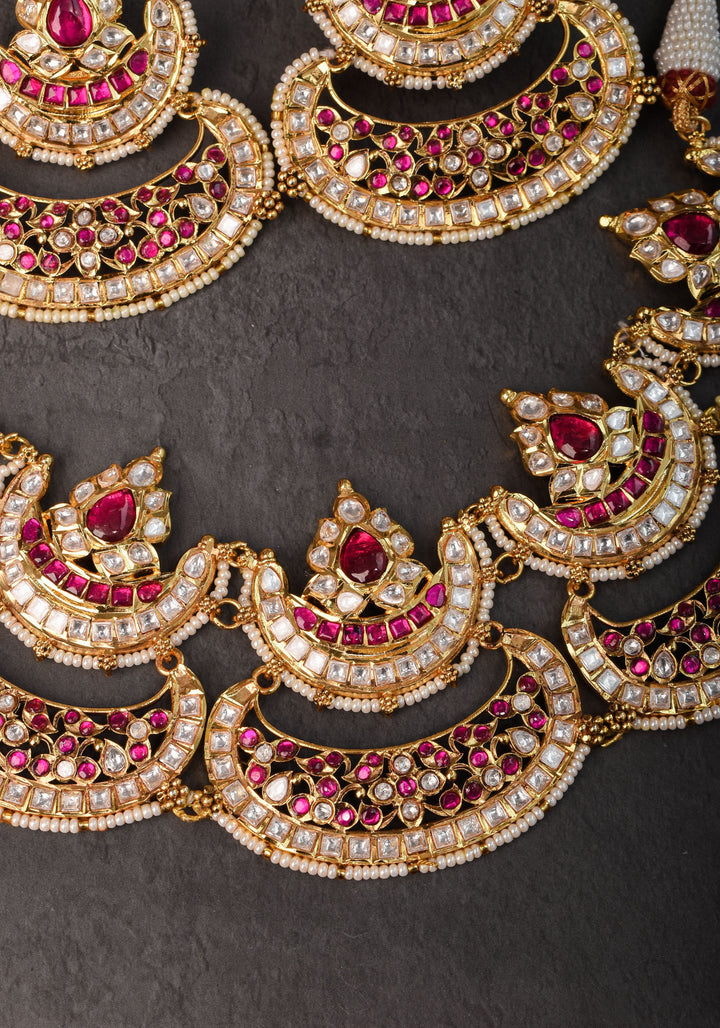 Two layer Statement Jadau Necklace Set with Chand Design Choker and Earrings Set | Shobitam Jewelry