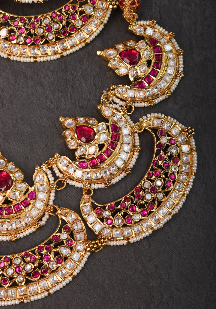 Two layer Statement Jadau Necklace Set with Chand Design Choker and Earrings Set | Shobitam Jewelry