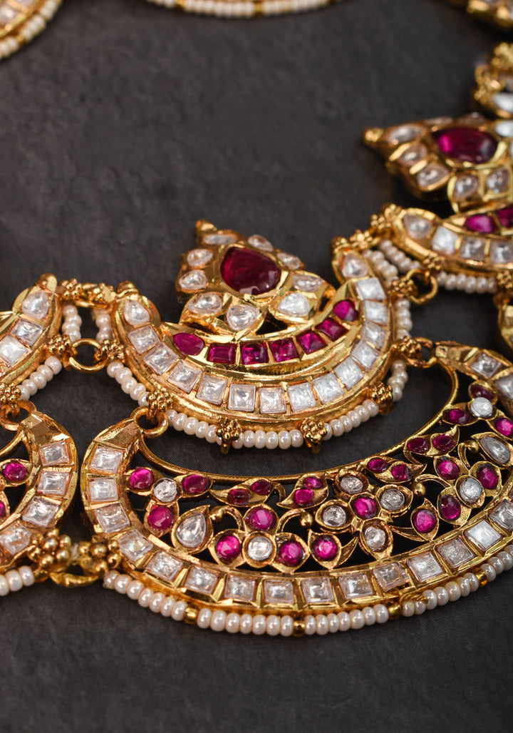 Two layer Statement Jadau Necklace Set with Chand Design Choker and Earrings Set | Shobitam Jewelry