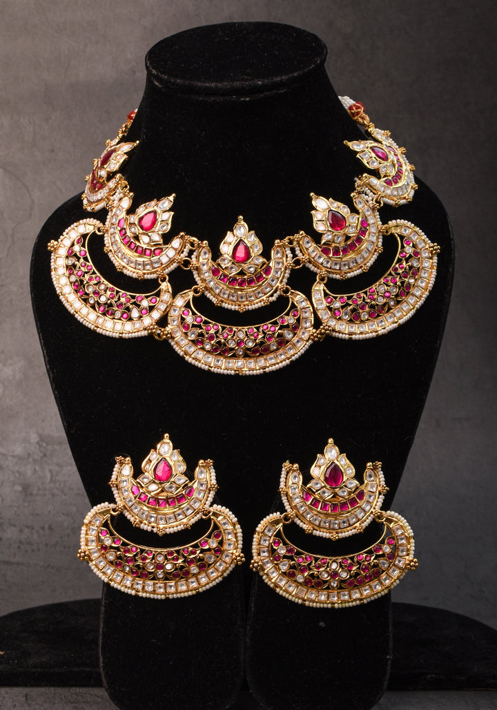 Two layer Statement Jadau Necklace Set with Chand Design Choker and Earrings Set | Shobitam Jewelry