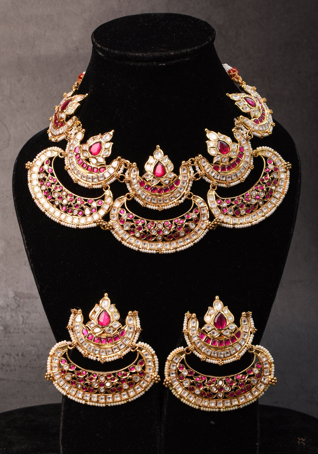 Two layer Statement Jadau Necklace Set with Chand Design Choker and Earrings Set | Shobitam Jewelry