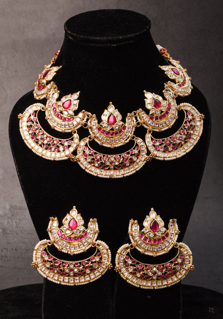 Two layer Statement Jadau Necklace Set with Chand Design Choker and Earrings Set | Shobitam Jewelry