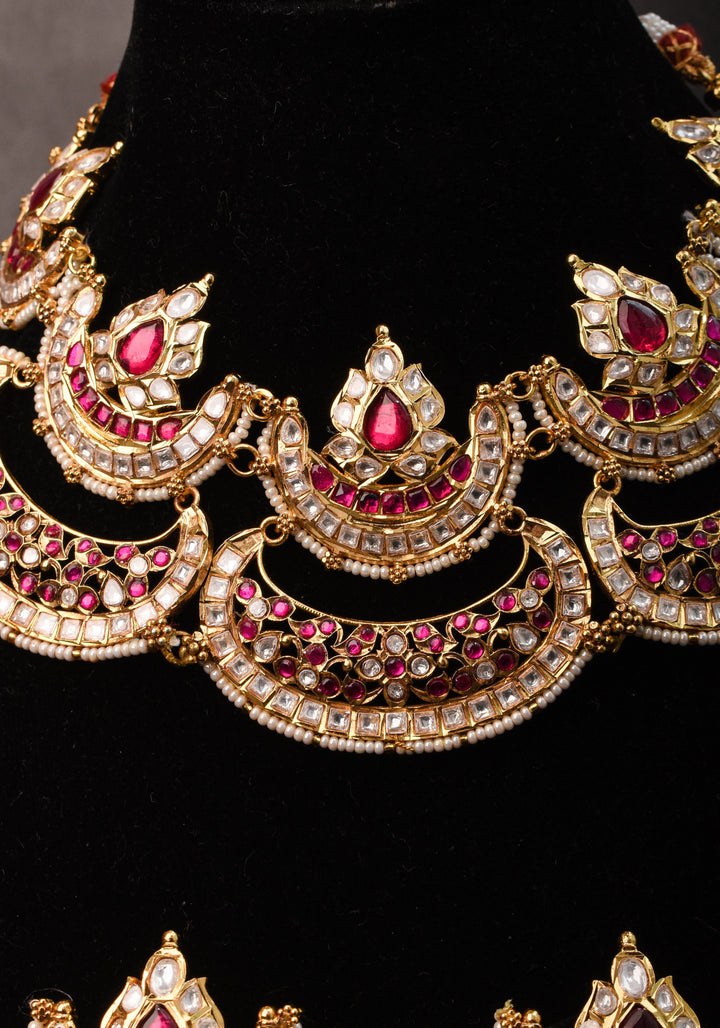 Two layer Statement Jadau Necklace Set with Chand Design Choker and Earrings Set | Shobitam Jewelry