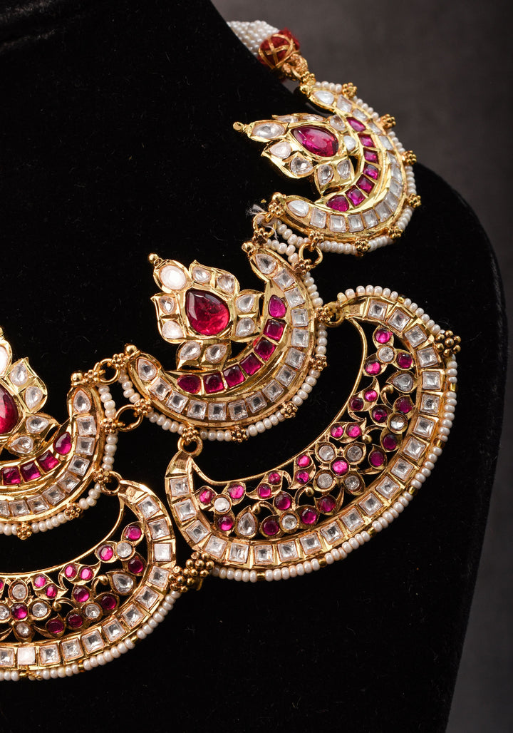 Two layer Statement Jadau Necklace Set with Chand Design Choker and Earrings Set | Shobitam Jewelry
