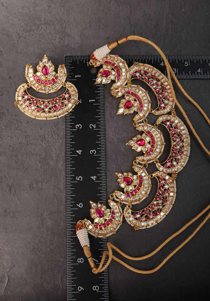 Two layer Statement Jadau Necklace Set with Chand Design Choker and Earrings Set | Shobitam Jewelry