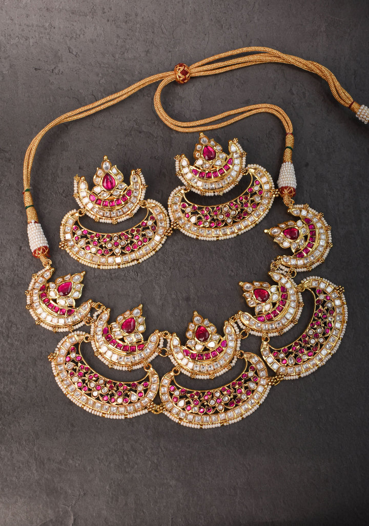 Two layer Statement Jadau Necklace Set with Chand Design Choker and Earrings Set | Shobitam Jewelry