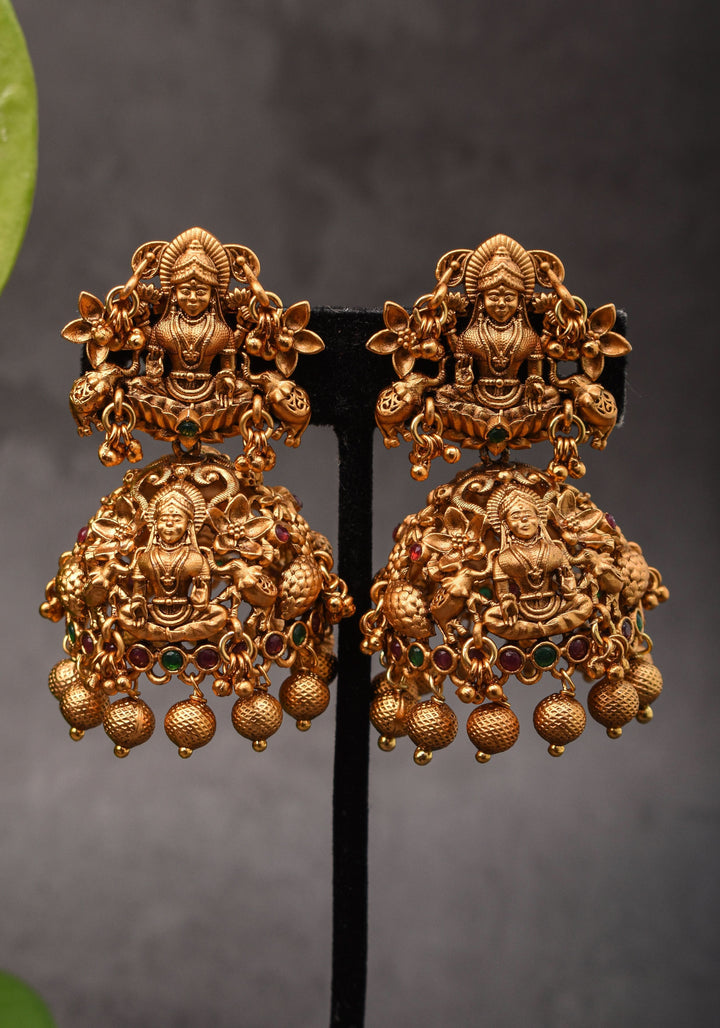 2" Antique Dark Gold Tone Lakshmi Design Prominent Jhumka earrings | Shobitam Jewelry