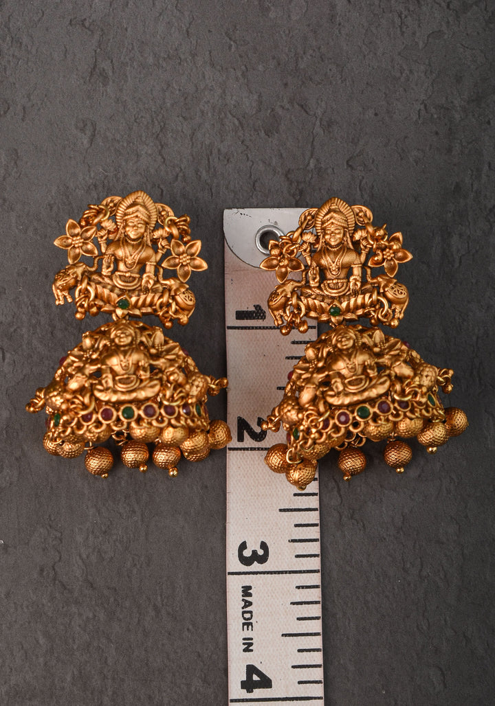 2" Antique Dark Gold Tone Lakshmi Design Prominent Jhumka earrings | Shobitam Jewelry