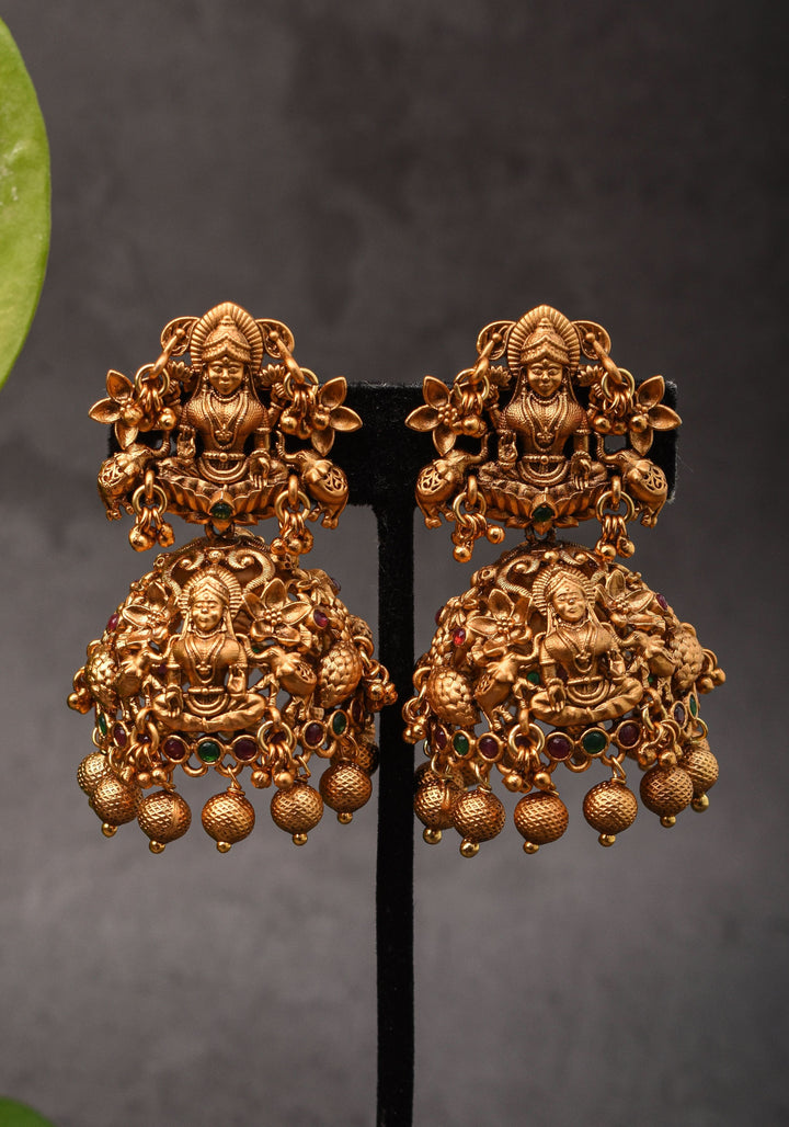 2" Antique Dark Gold Tone Lakshmi Design Prominent Jhumka earrings | Shobitam Jewelry