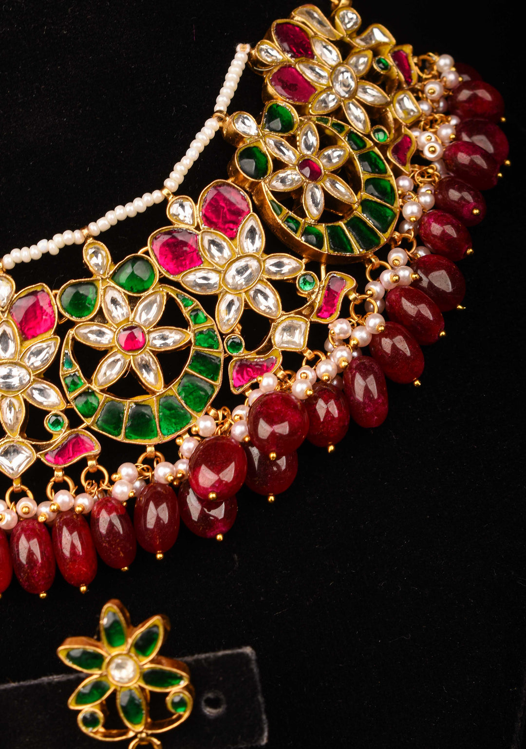 Ahmedabadi kundan Chand Jadau Necklace and Earrings Set with Red Dangling Beads