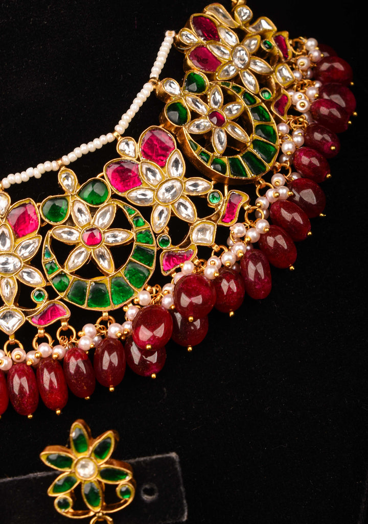 Celestial Ahmedabadi Jadau Necklace and Earrings Set with maroon dangling stones.