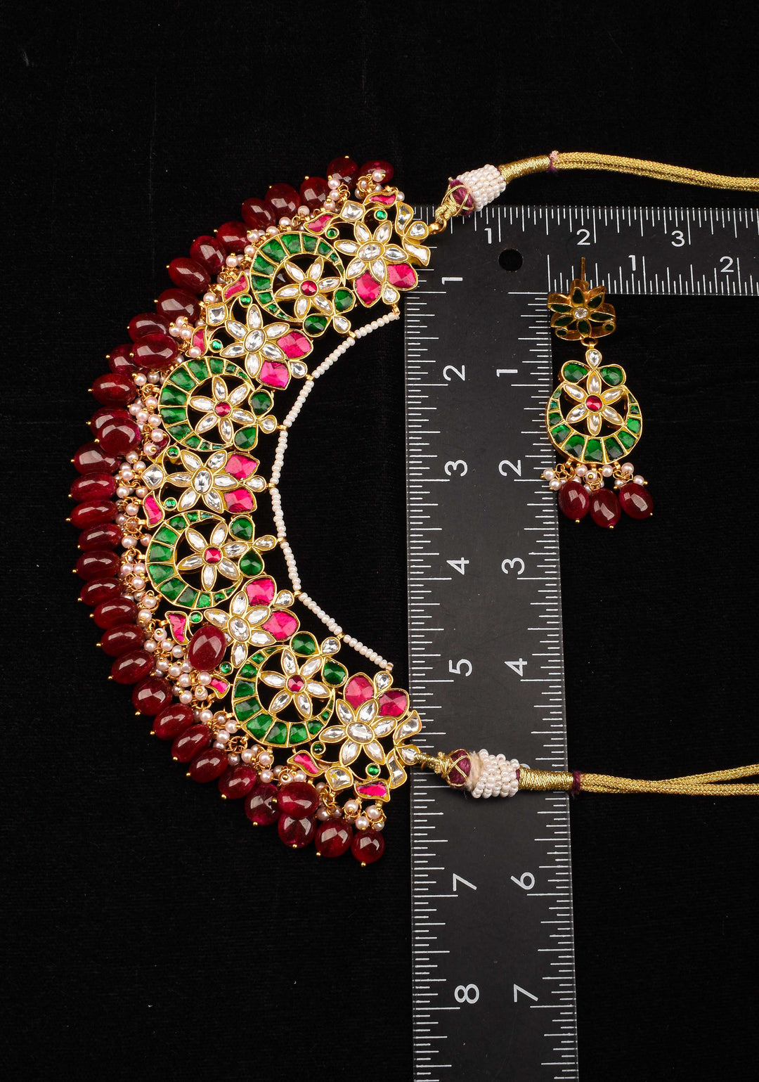 Ahmedabadi kundan Chand Jadau Necklace and Earrings Set with Red Dangling Beads