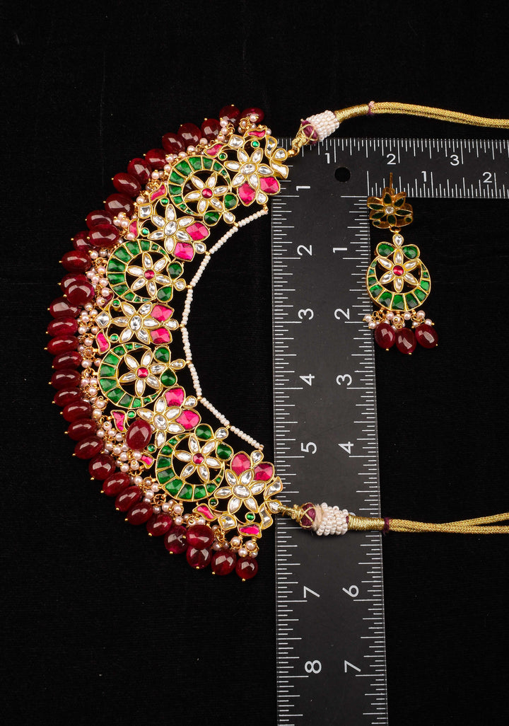 Ahmedabadi kundan Chand Jadau Necklace and Earrings Set with Red Dangling Beads