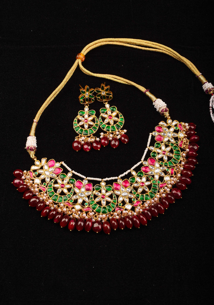Celestial Ahmedabadi Jadau Necklace and Earrings Set with maroon dangling stones.
