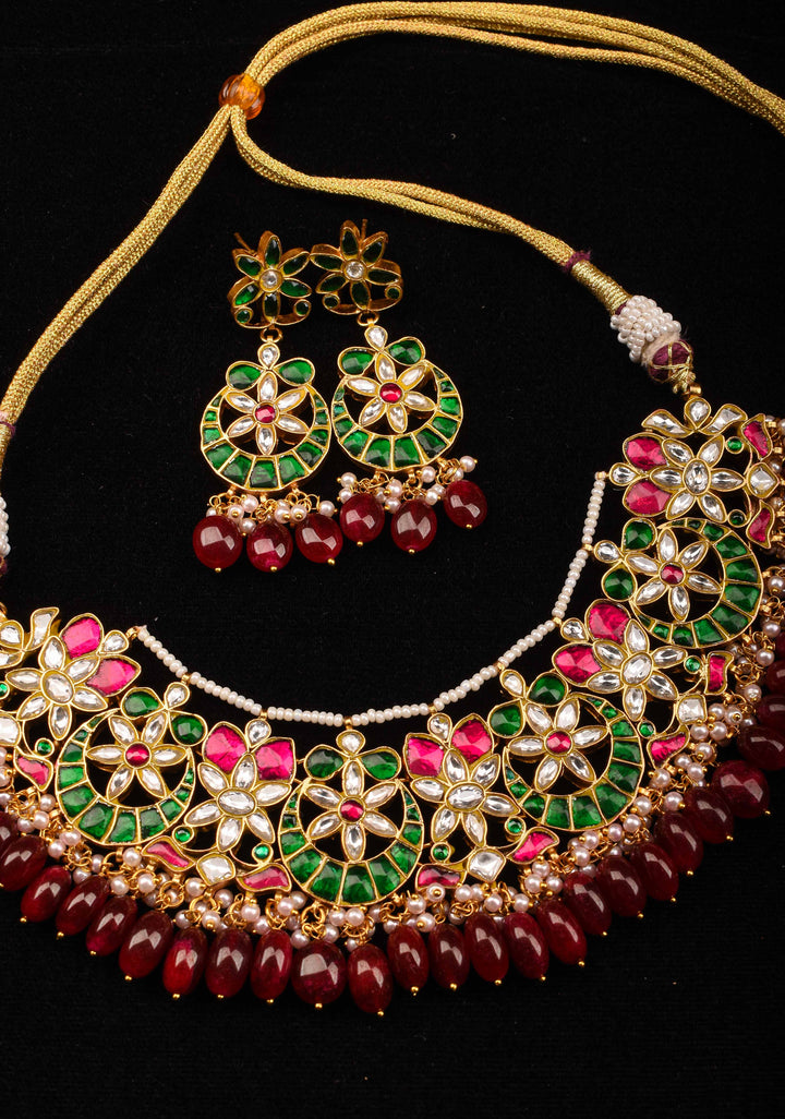 Celestial Ahmedabadi Jadau Necklace and Earrings Set with maroon dangling stones.