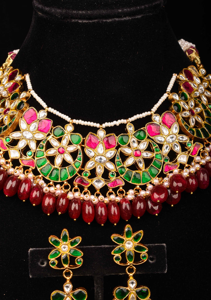 Celestial Ahmedabadi Jadau Necklace and Earrings Set with maroon dangling stones.